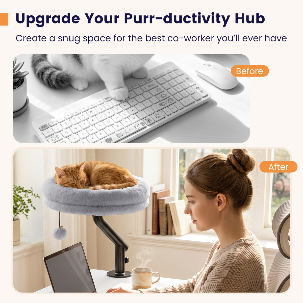 360Â° Rotating Cat Desk Bed for Indoor Cats with Removable Perch-Gray
