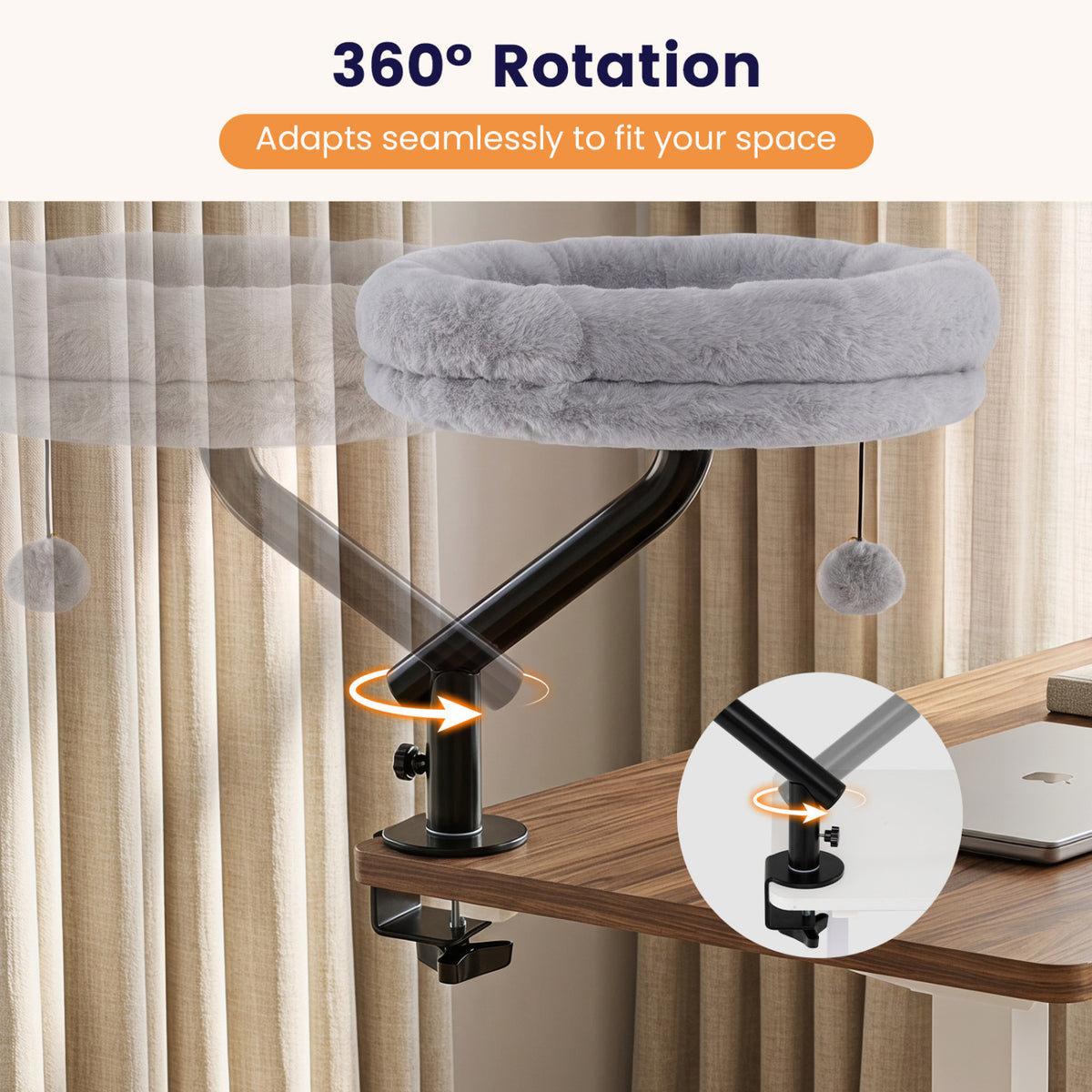360Â° Rotating Cat Desk Bed for Indoor Cats with Removable Perch-Gray