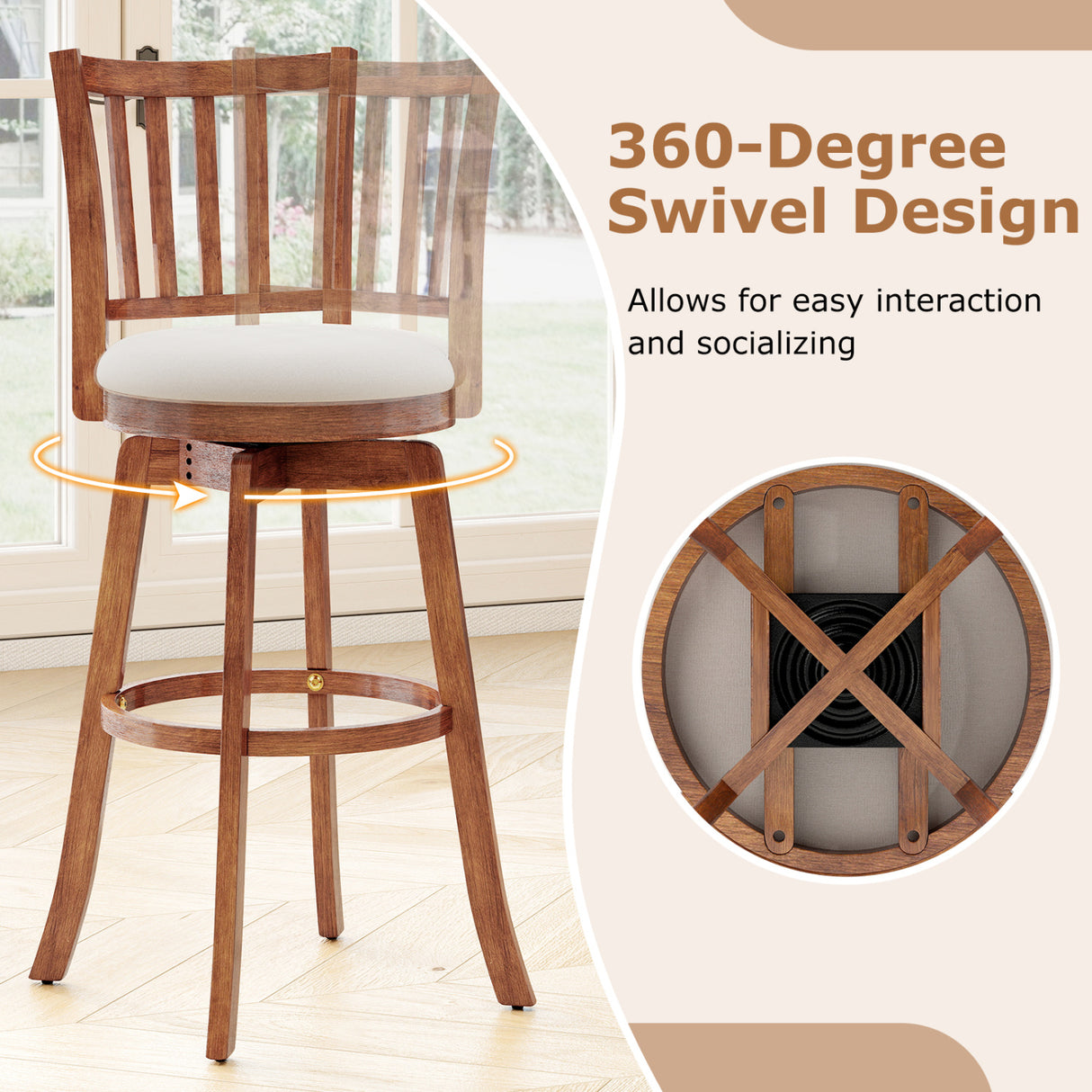 360° Rotating Counter Height Chairs Set of 4 with Backrest and Upholstered Seat-29 inches