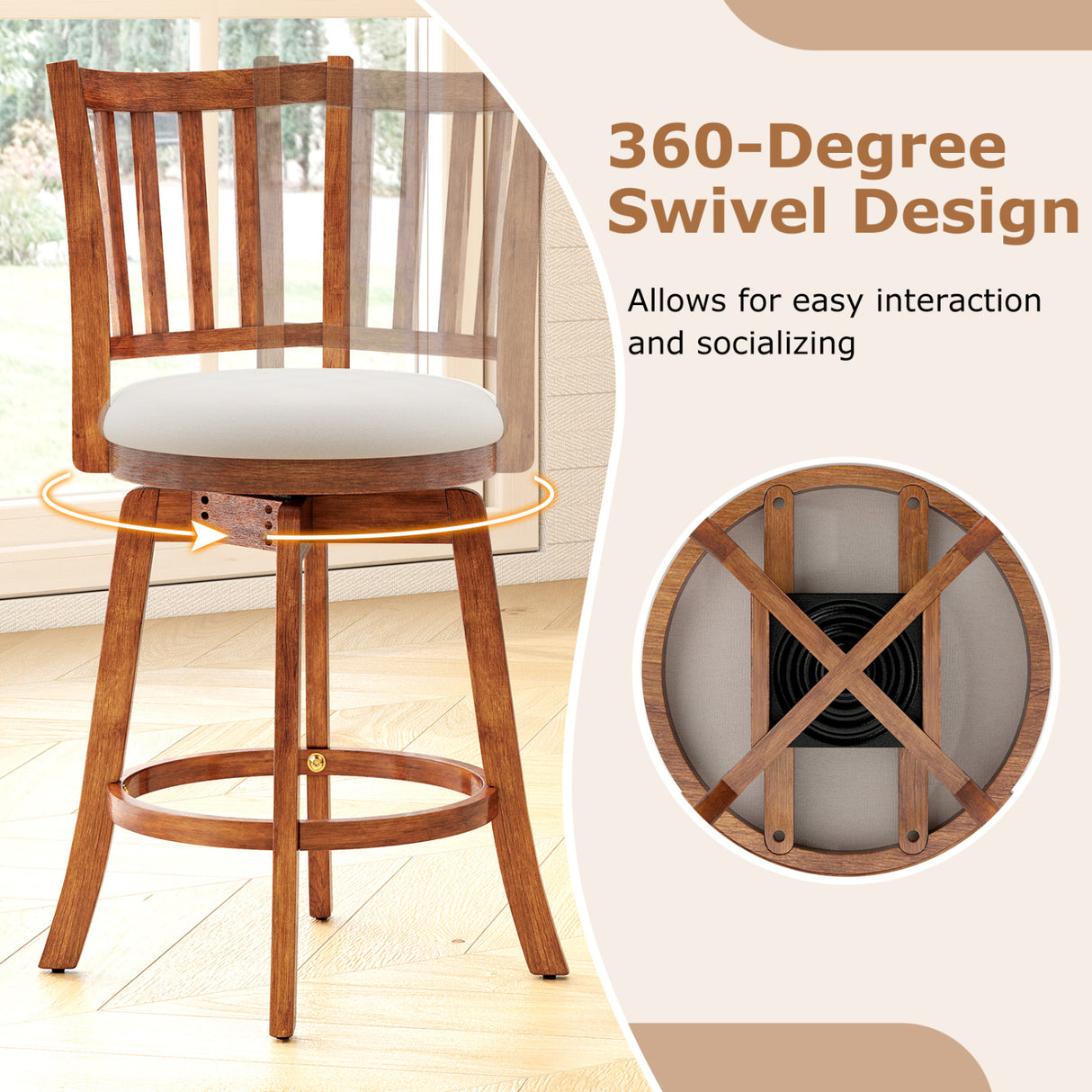 360 ° Rotating Counter Height Chairs Set of 2 with Upholstered Seat and  Backrest-24 inches