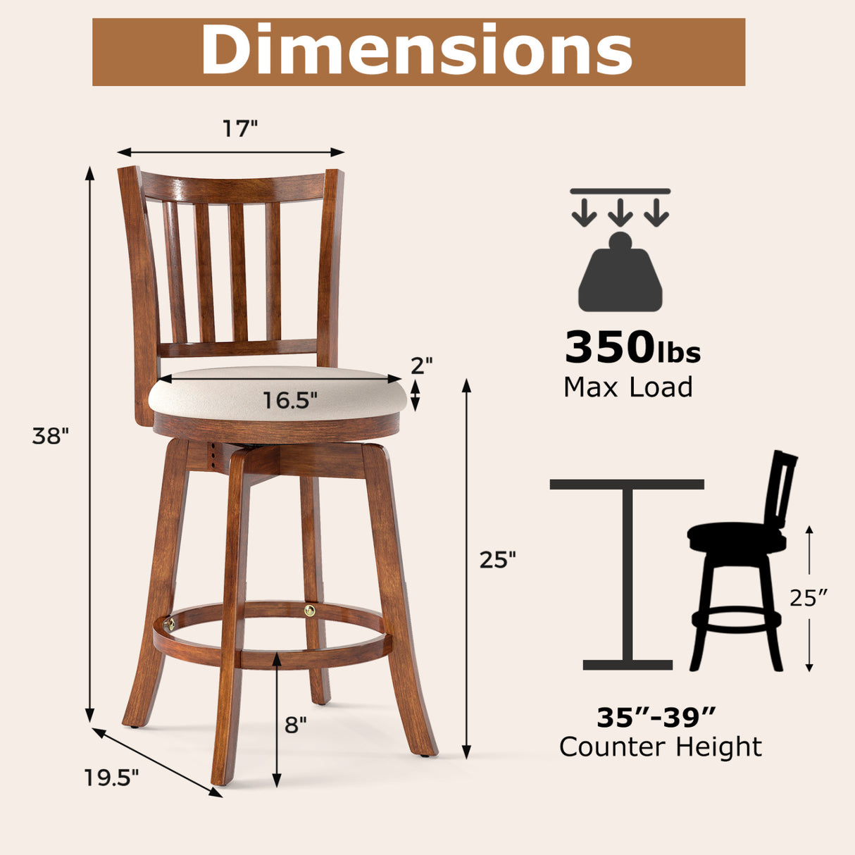 360 ° Rotating Counter Height Chairs Set of 2 with Upholstered Seat and  Backrest-24 inches