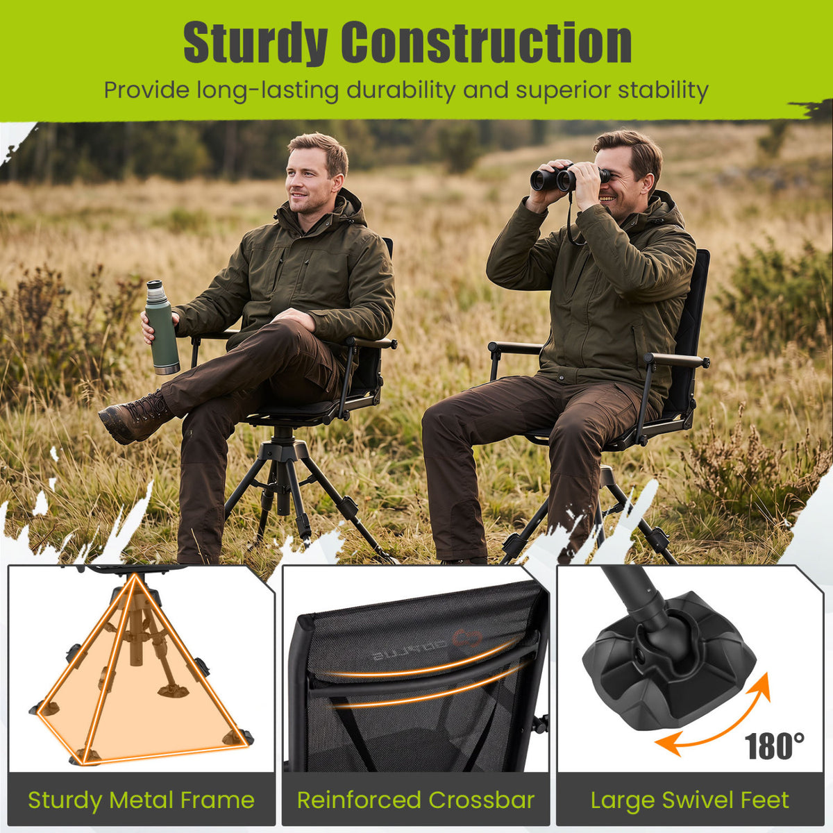360Â° Silent Swivel Hunting Seat with 5-Level Adjustable-Black