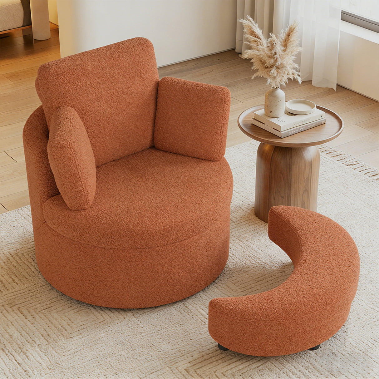 360 ° Swivel Accent Chair with Half Moon Storage Ottoman-Light Brown