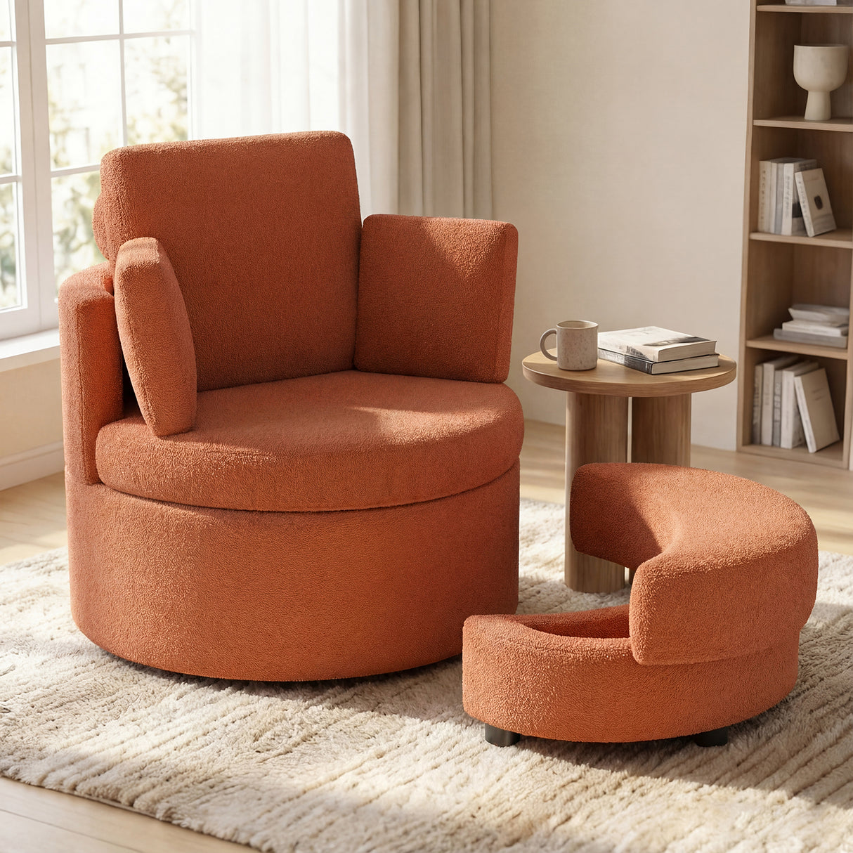 360 ° Swivel Accent Chair with Half Moon Storage Ottoman-Light Brown