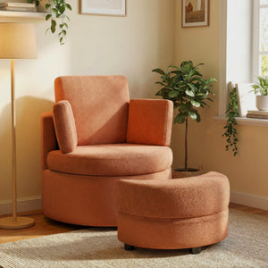 360 ° Swivel Accent Chair with Half Moon Storage Ottoman-Light Brown