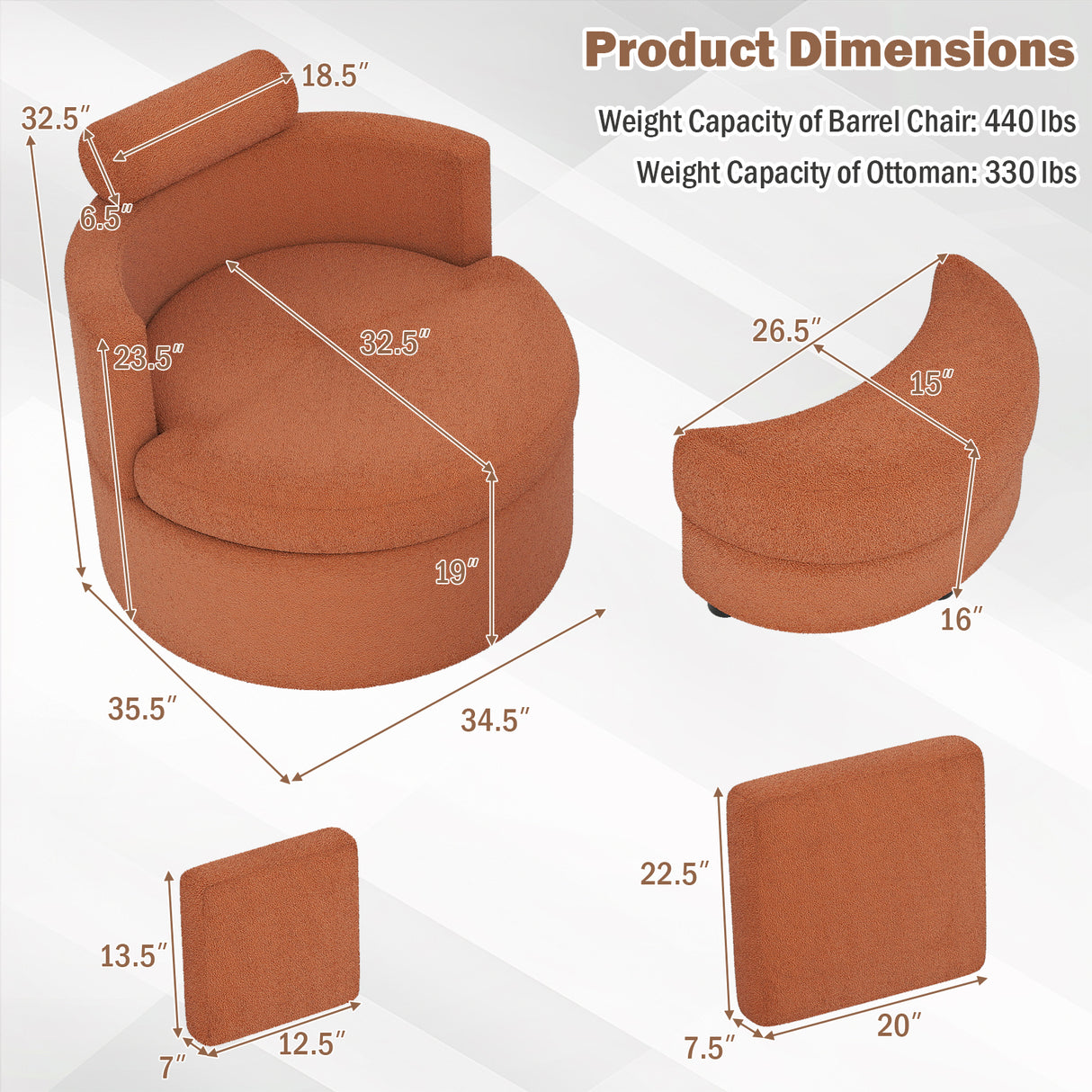 360 ° Swivel Accent Chair with Half Moon Storage Ottoman-Light Brown