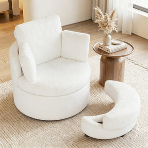 360 ° Swivel Accent Chair with Half Moon Storage Ottoman-White