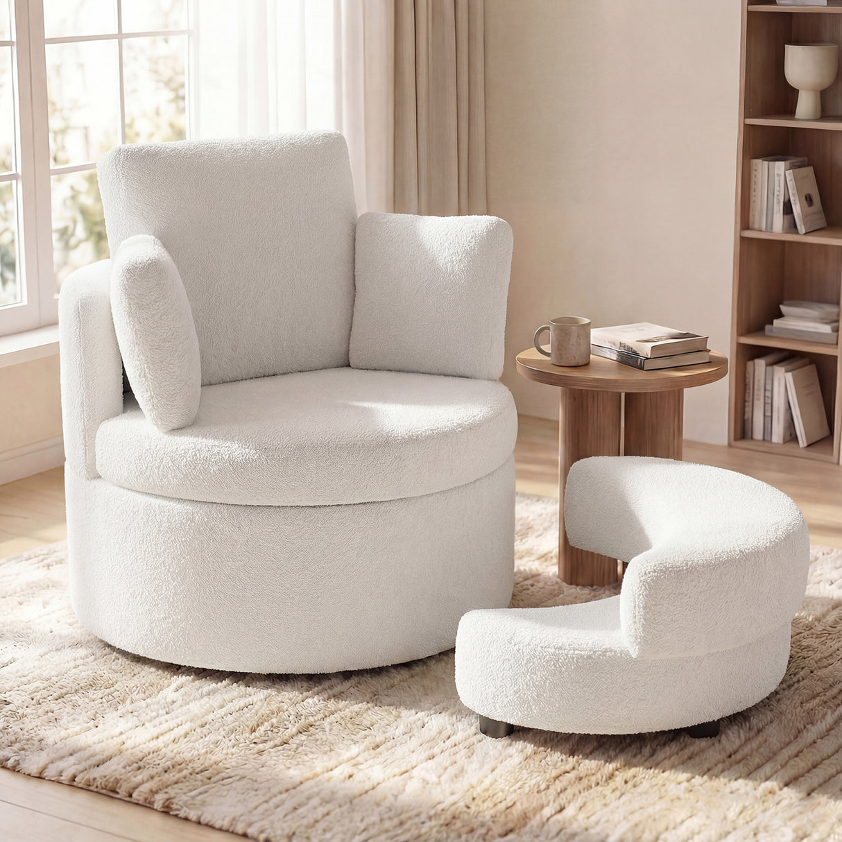 360 ° Swivel Accent Chair with Half Moon Storage Ottoman-White