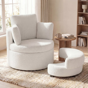 360 ° Swivel Accent Chair with Half Moon Storage Ottoman-White