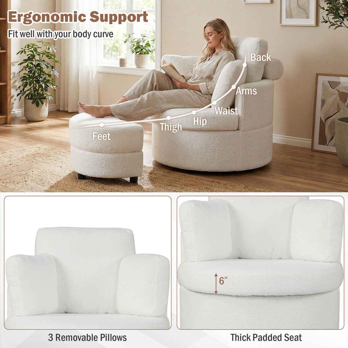 360 ° Swivel Accent Chair with Half Moon Storage Ottoman-White