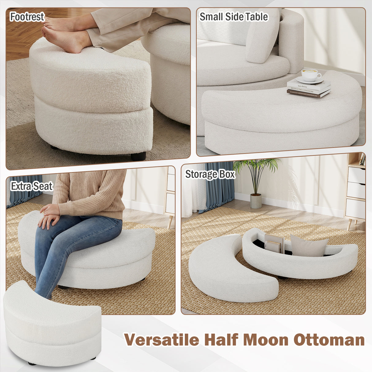 360 ° Swivel Accent Chair with Half Moon Storage Ottoman-White