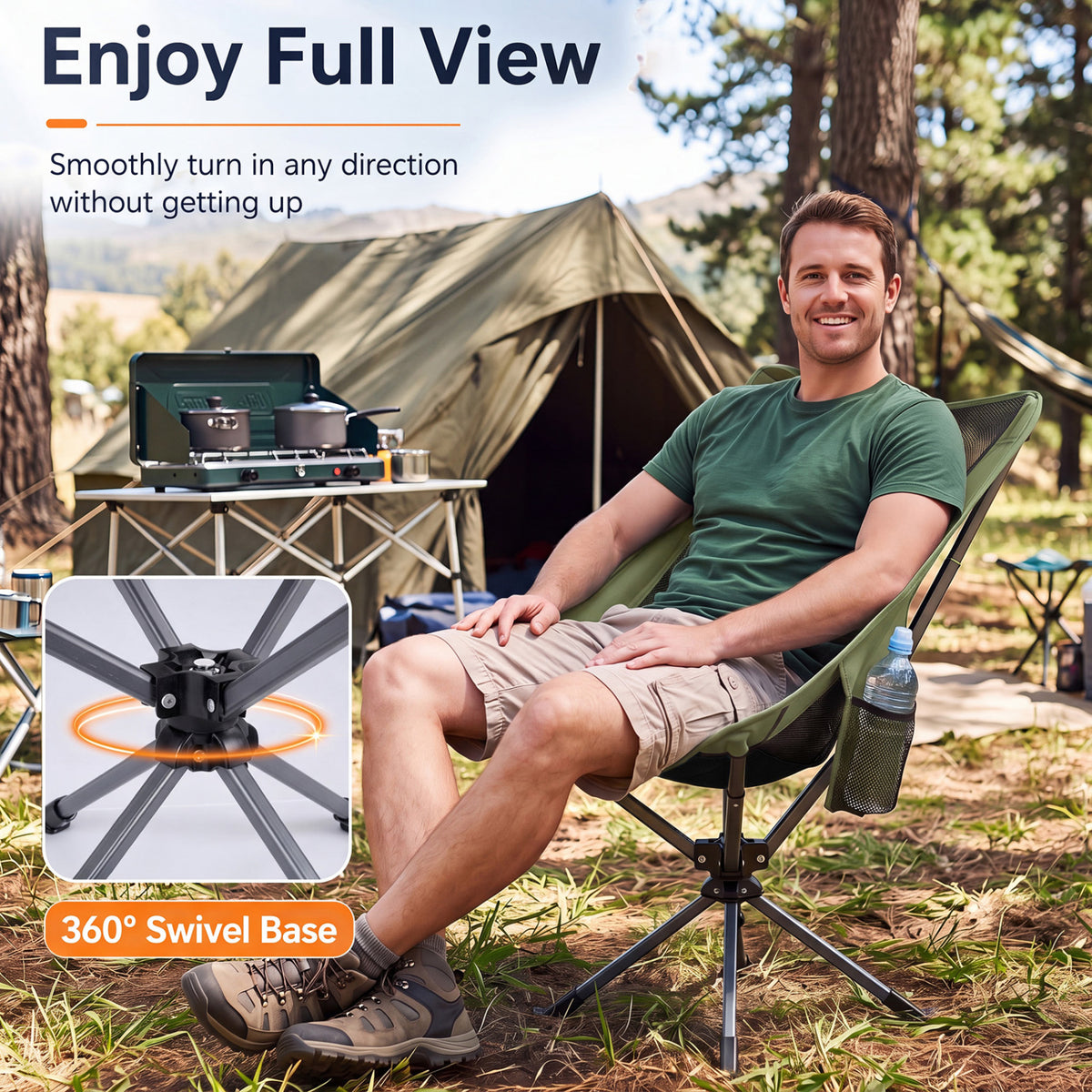 360Â° Swivel Camping Chair with Cup Holder and Side Pocket for Beach Support 300 LBS-Green