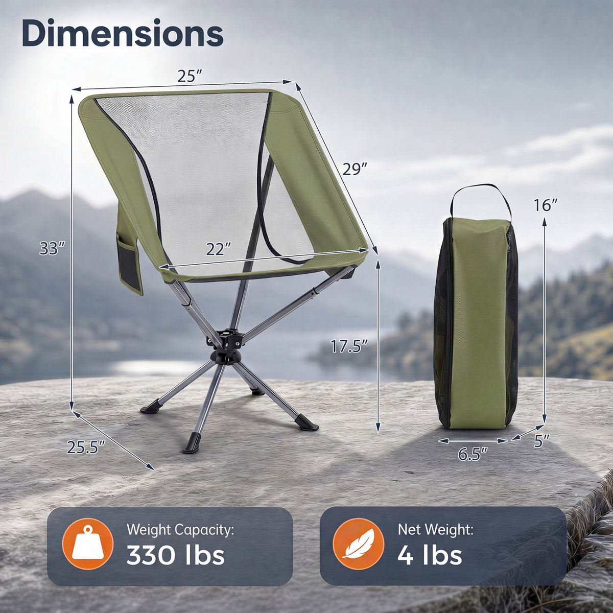 360Â° Swivel Camping Chair with Cup Holder and Side Pocket for Beach Support 300 LBS-Green