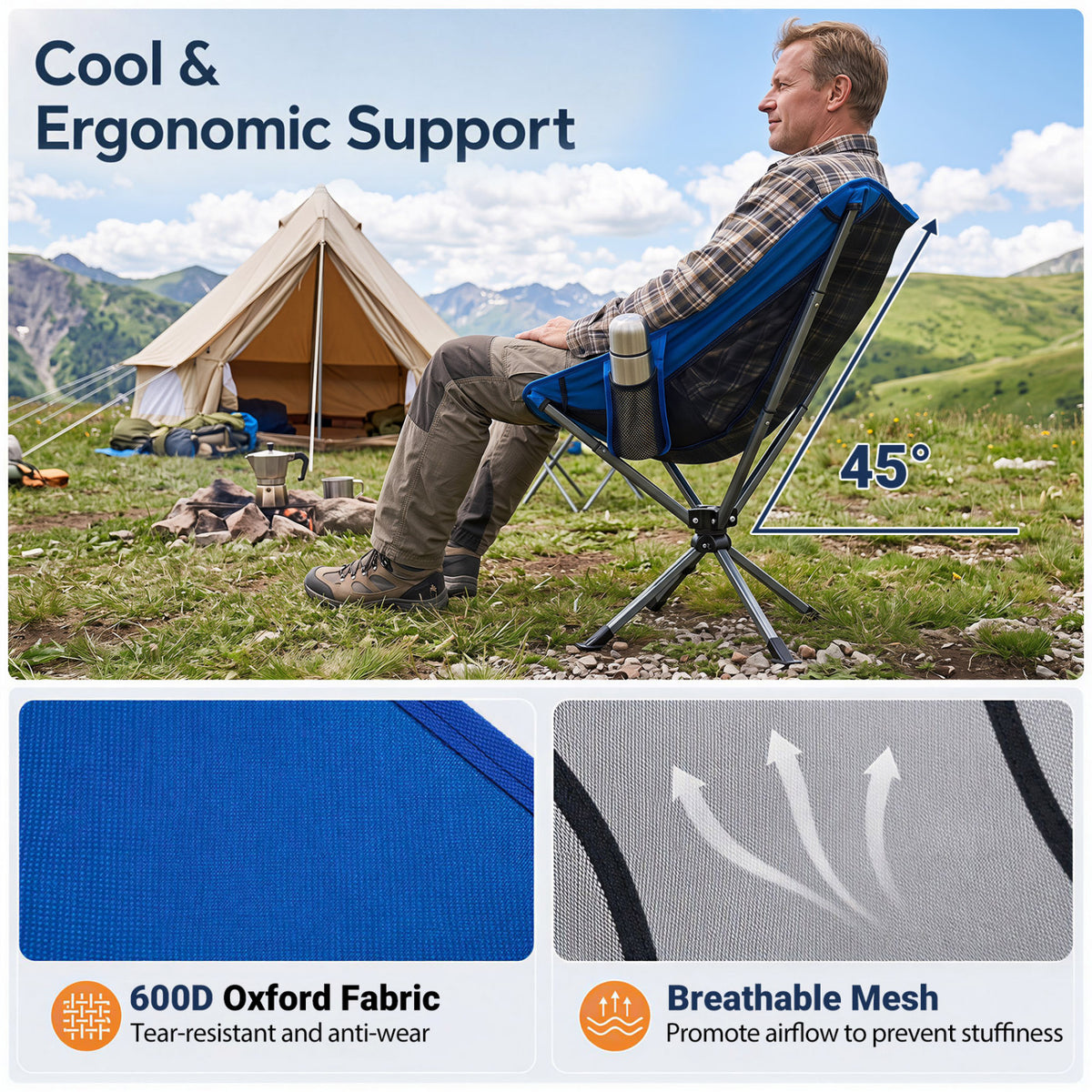 360Â° Swivel Camping Chair with Cup Holder and Side Pocket for Beach Support 300 LBS-Blue