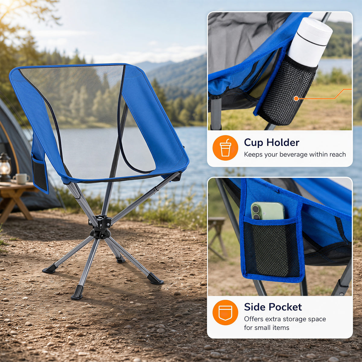 360Â° Swivel Camping Chair with Cup Holder and Side Pocket for Beach Support 300 LBS-Blue