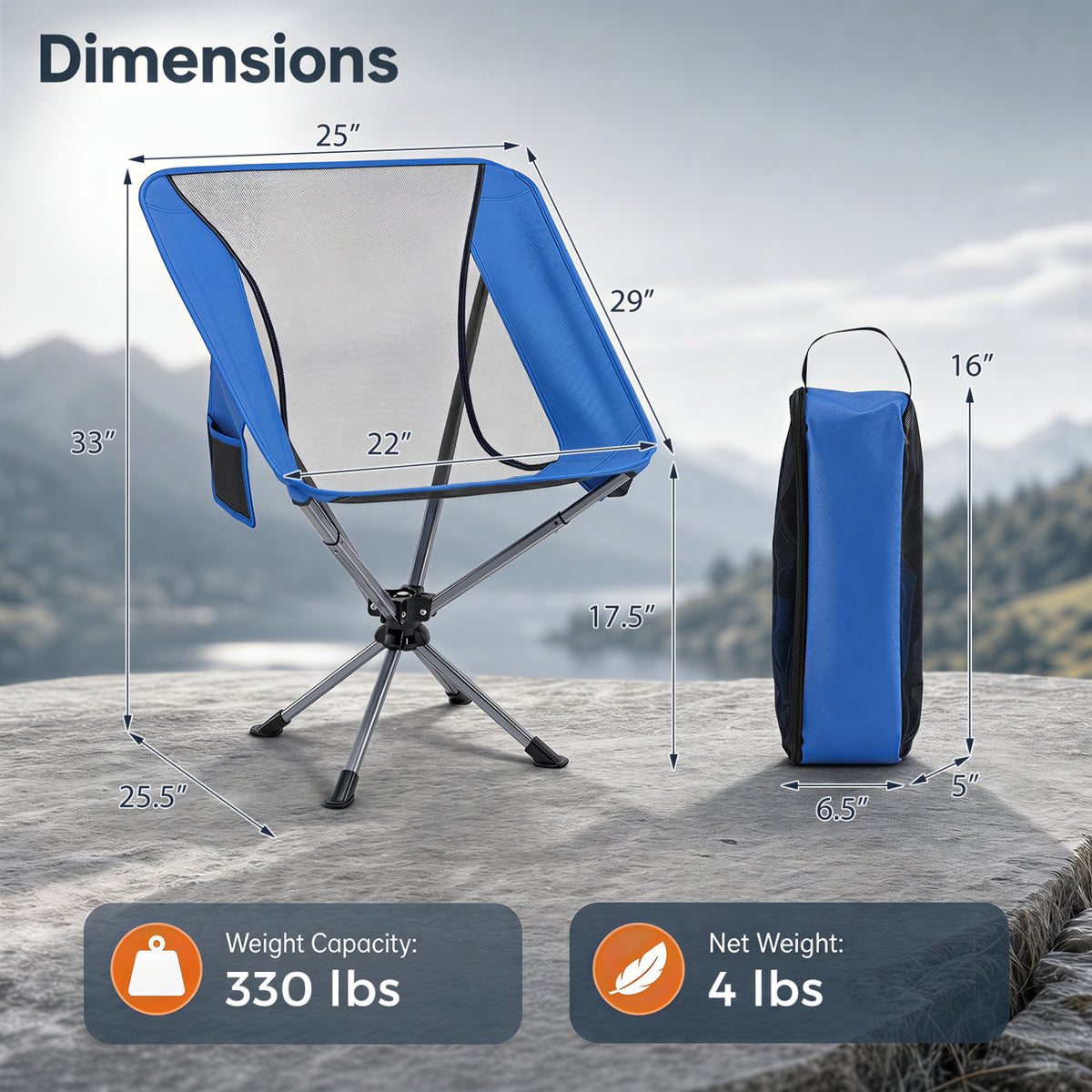360Â° Swivel Camping Chair with Cup Holder and Side Pocket for Beach Support 300 LBS-Blue