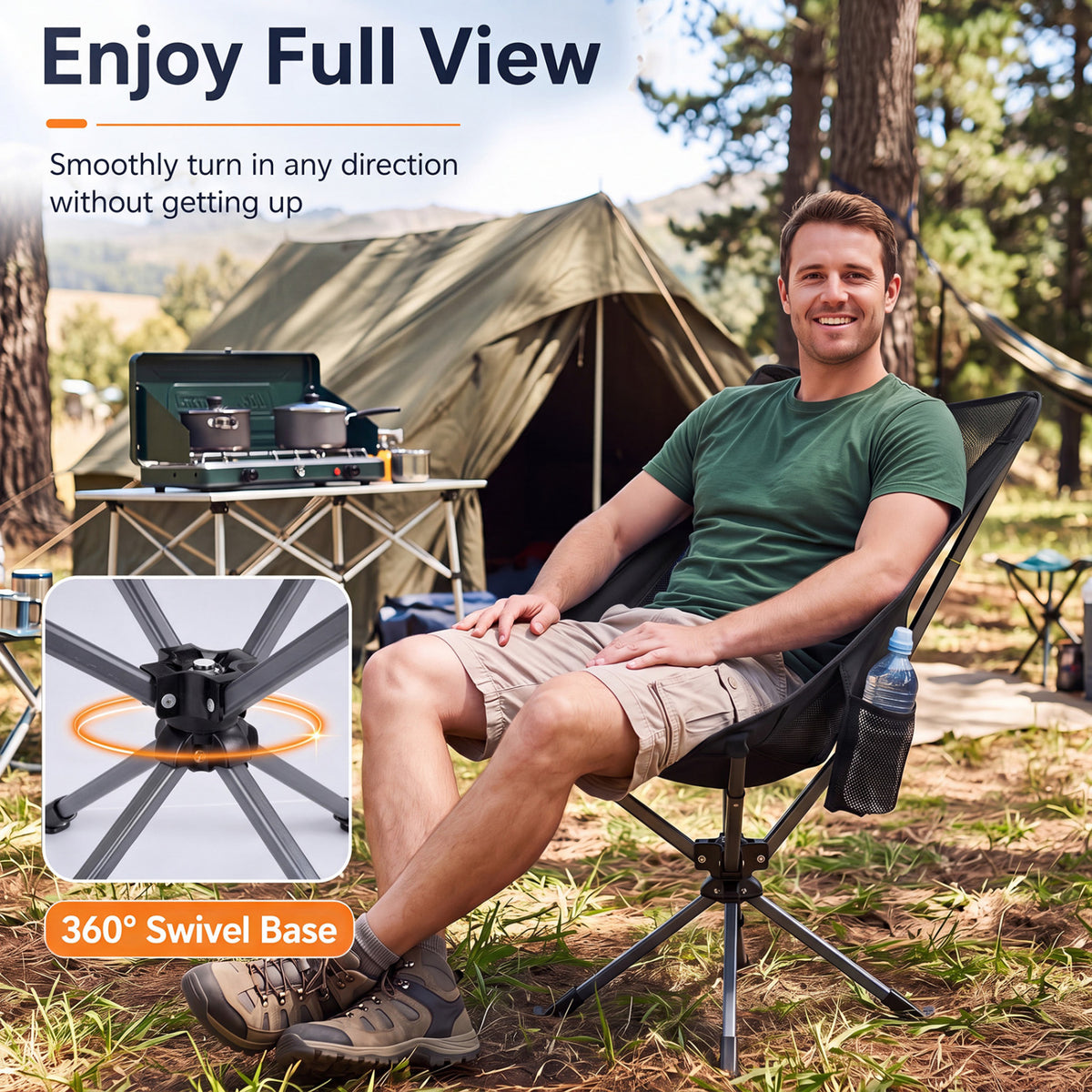 360Â° Swivel Camping Chair with Cup Holder and Side Pocket for Beach Support 300 LBS-Black