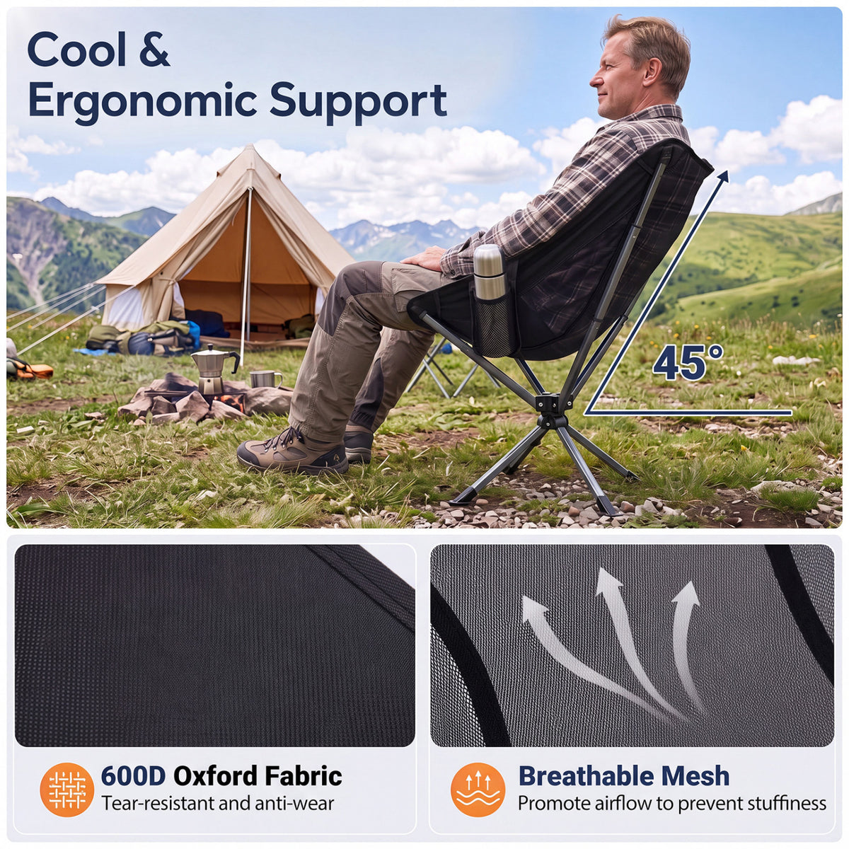 360Â° Swivel Camping Chair with Cup Holder and Side Pocket for Beach Support 300 LBS-Black