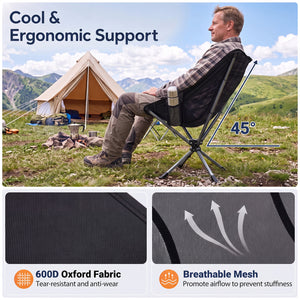 360Â° Swivel Camping Chair with Cup Holder and Side Pocket for Beach Support 300 LBS-Black