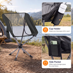 360Â° Swivel Camping Chair with Cup Holder and Side Pocket for Beach Support 300 LBS-Black