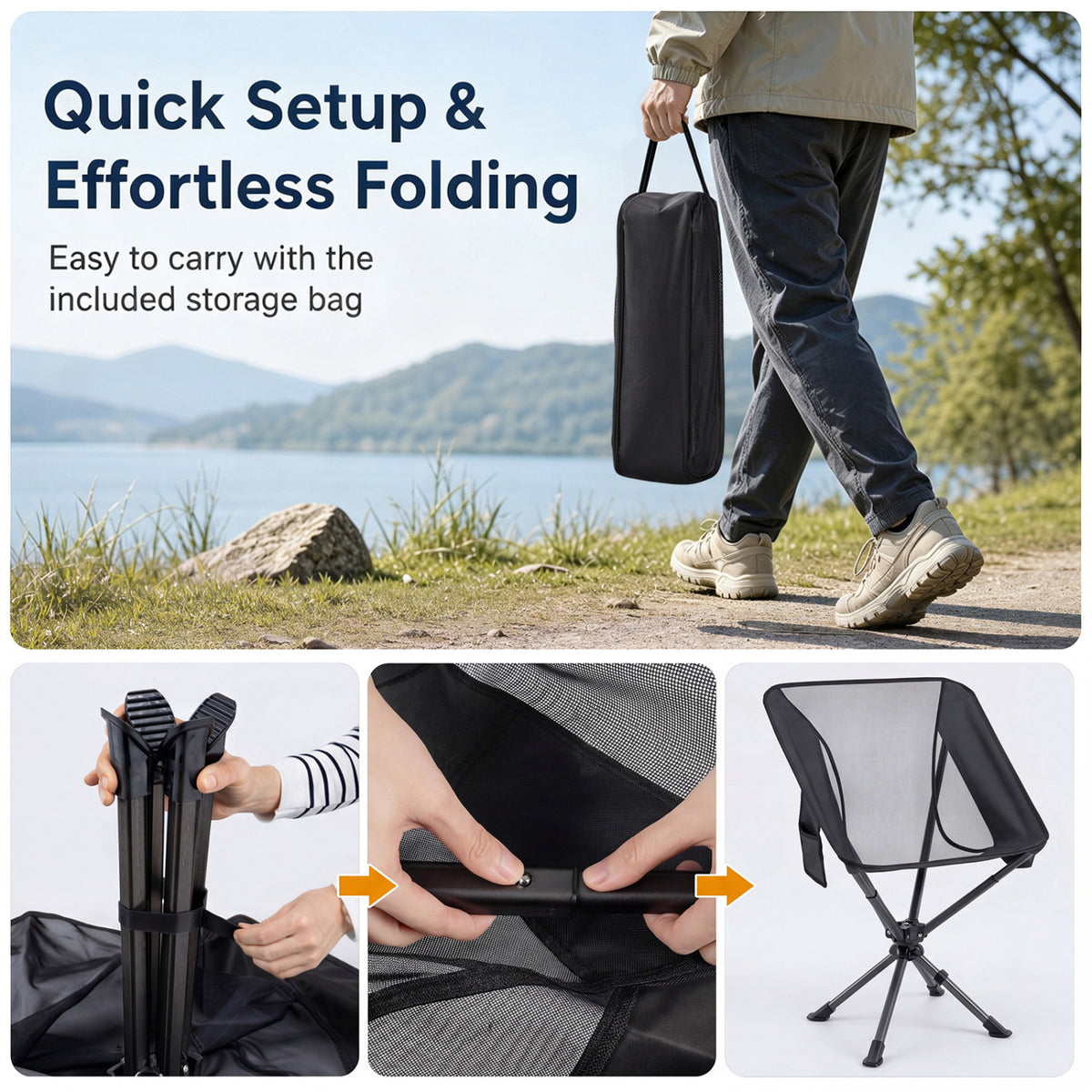 360Â° Swivel Camping Chair with Cup Holder and Side Pocket for Beach Support 300 LBS-Black
