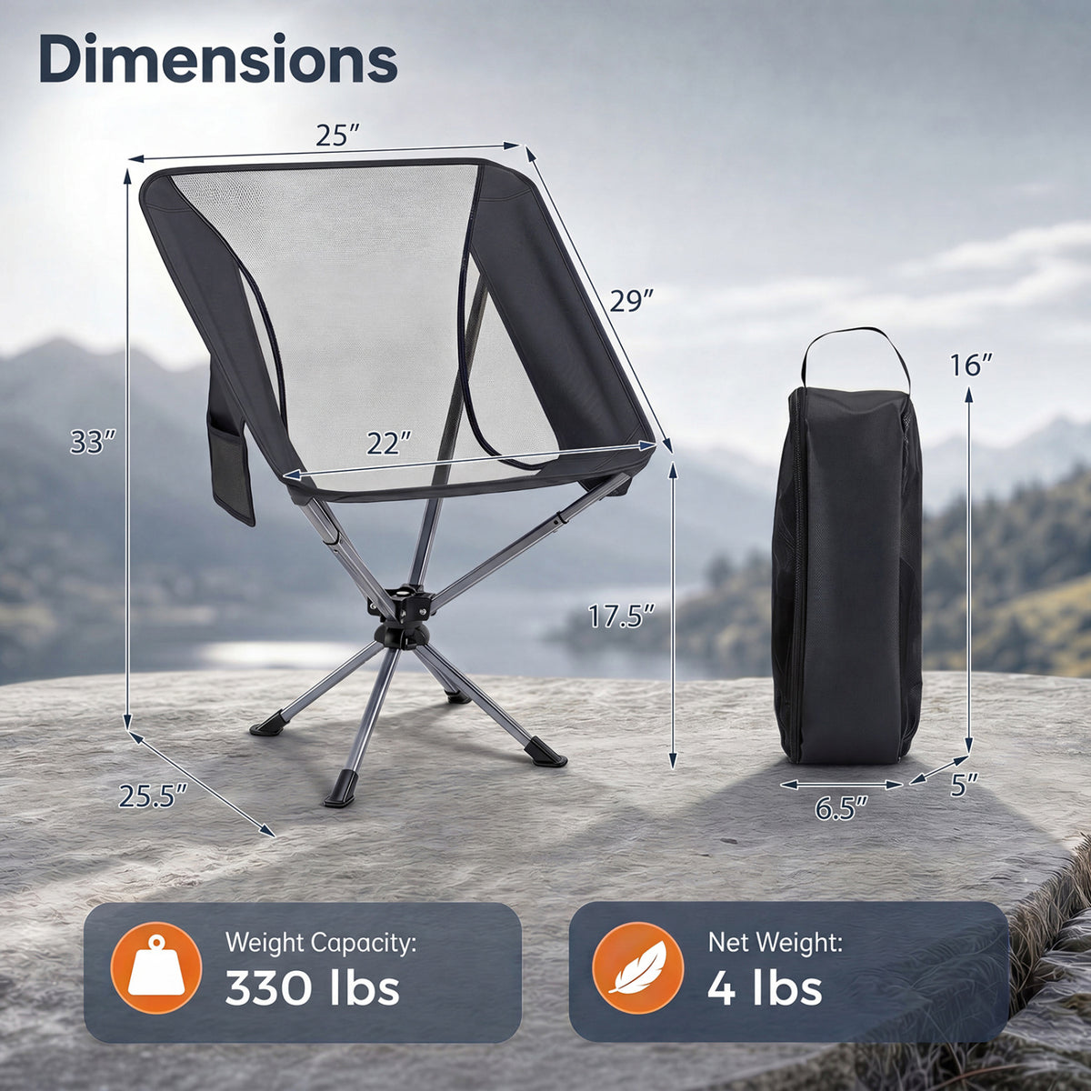 360Â° Swivel Camping Chair with Cup Holder and Side Pocket for Beach Support 300 LBS-Black