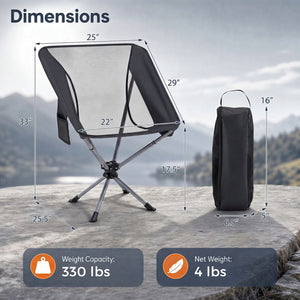 360Â° Swivel Camping Chair with Cup Holder and Side Pocket for Beach Support 300 LBS-Black