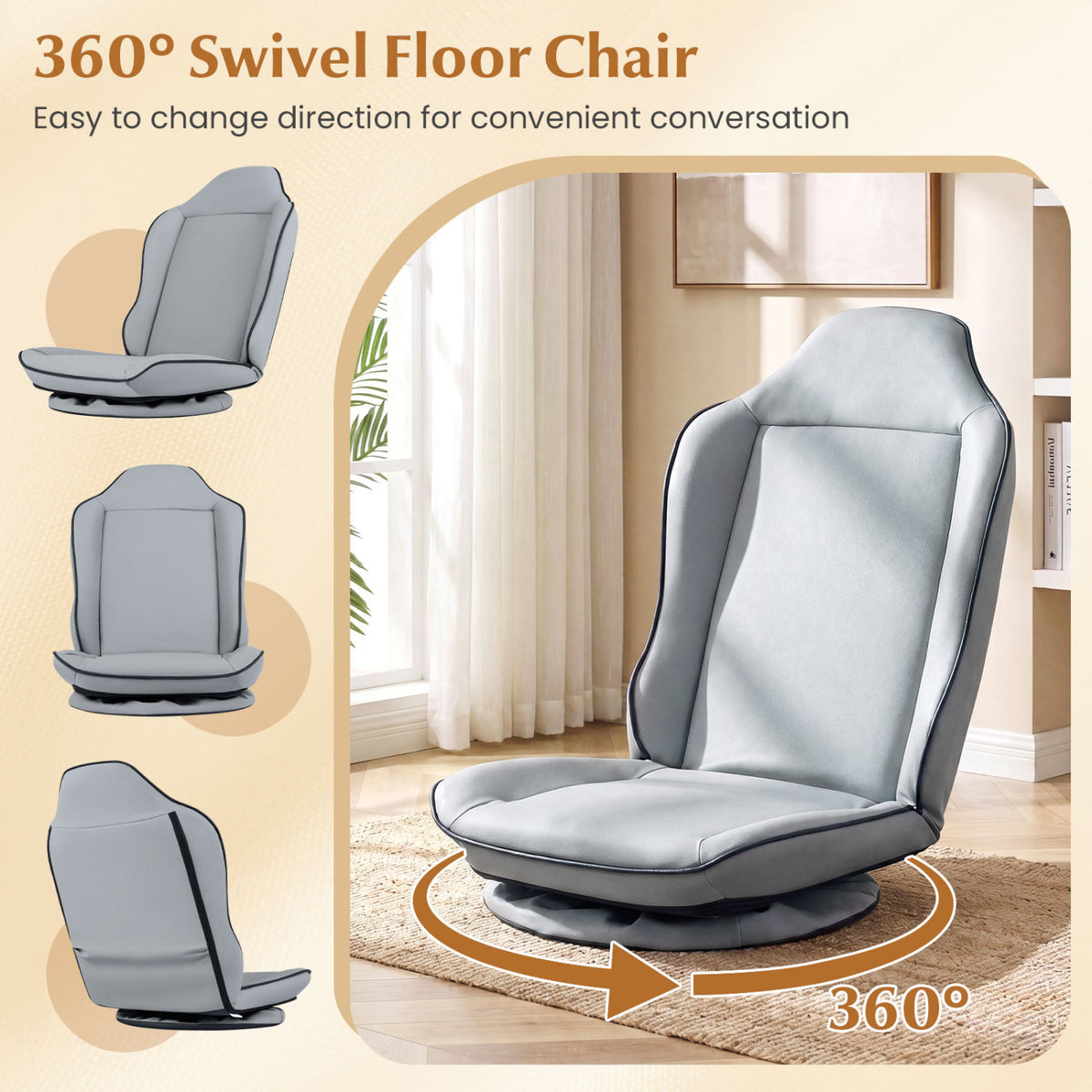 360Â° Swivel Floor Gaming Chair with 5-Level Adjustable Backrest-Gray