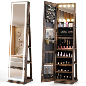 360Â° Swivel Freestanding Jewelry Cabinet with Lighted Full Length Mirror-Rustic Brown