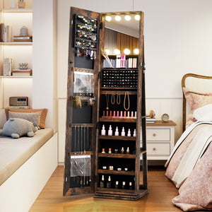 360Â° Swivel Freestanding Jewelry Cabinet with Lighted Full Length Mirror-Rustic Brown