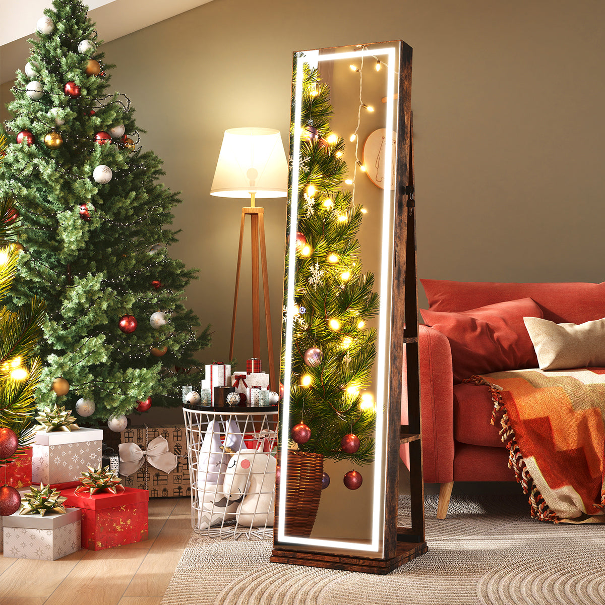 360Â° Swivel Freestanding Jewelry Cabinet with Lighted Full Length Mirror-Rustic Brown