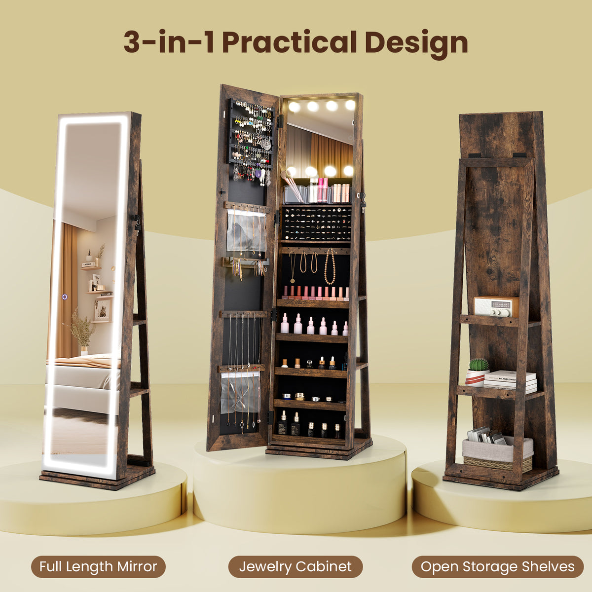 360Â° Swivel Freestanding Jewelry Cabinet with Lighted Full Length Mirror-Rustic Brown
