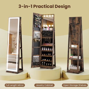 360Â° Swivel Freestanding Jewelry Cabinet with Lighted Full Length Mirror-Rustic Brown