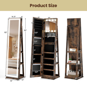360Â° Swivel Freestanding Jewelry Cabinet with Lighted Full Length Mirror-Rustic Brown