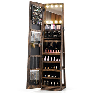 360Â° Swivel Freestanding Jewelry Cabinet with Lighted Full Length Mirror-Rustic Brown