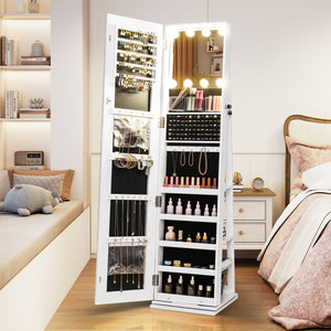 360Â° Swivel Freestanding Jewelry Cabinet with Lighted Full Length Mirror-White