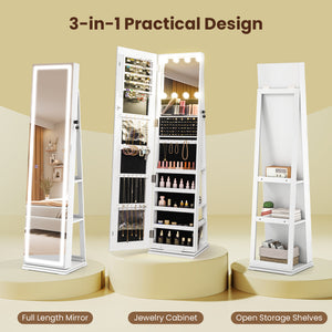 360Â° Swivel Freestanding Jewelry Cabinet with Lighted Full Length Mirror-White