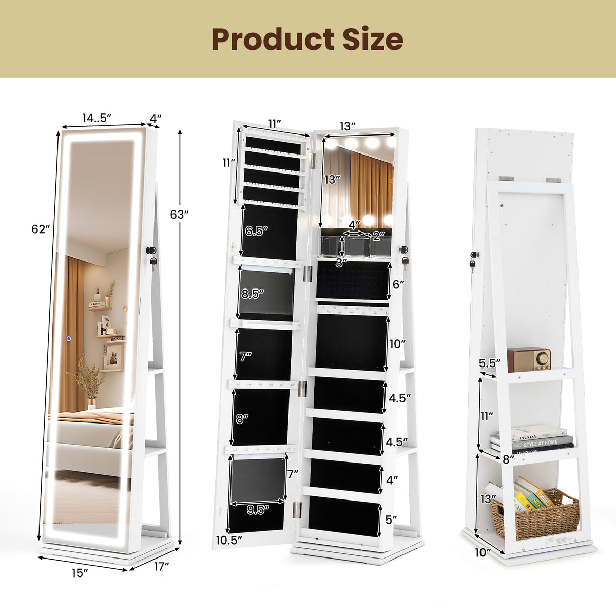 360Â° Swivel Freestanding Jewelry Cabinet with Lighted Full Length Mirror-White