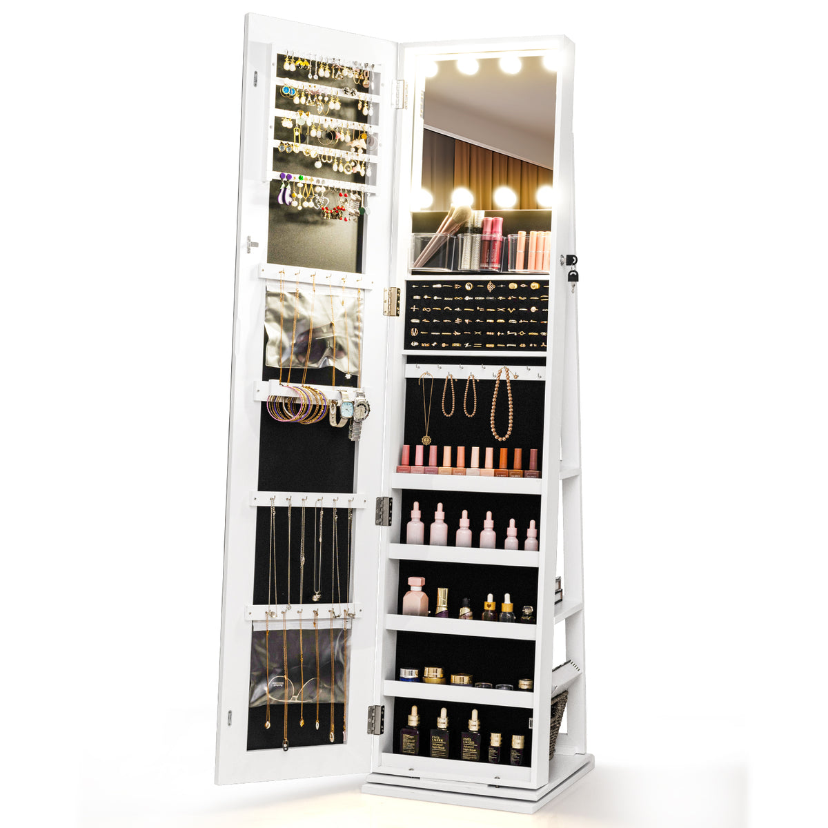 360Â° Swivel Freestanding Jewelry Cabinet with Lighted Full Length Mirror-White