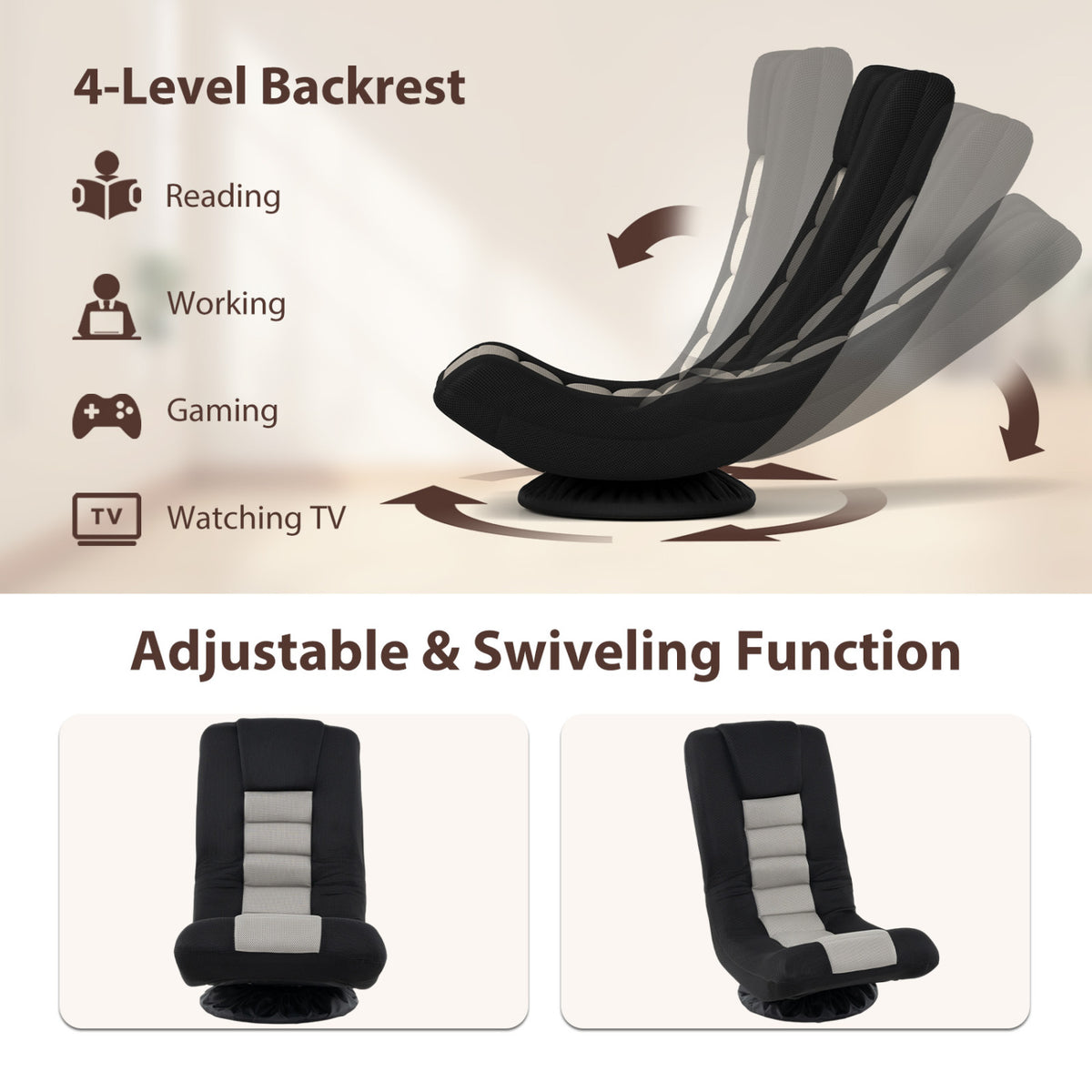 360Â° Swivel Gaming Chair with 4 Adjustable Position-Black and Gray