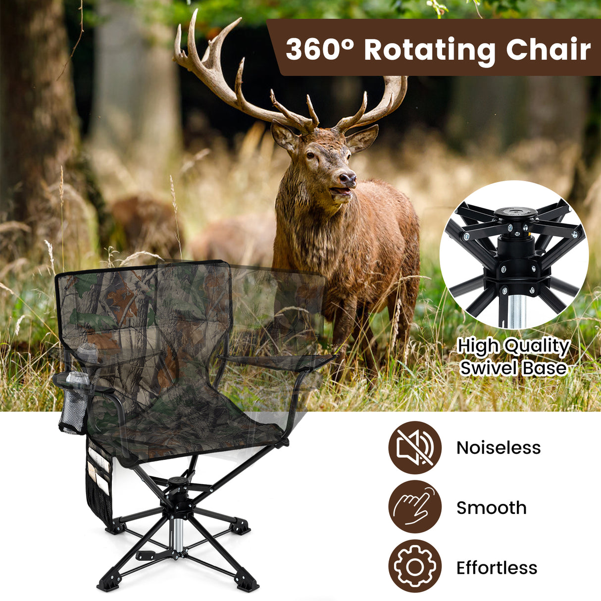 360 ° Swivel Hunting Chair Portable Foldable with Mesh Cup Holder and Storage Pockets-Green