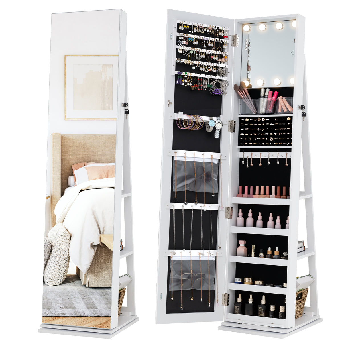 360° Swivel Jewelry Cabinet with Full Length Mirror-White