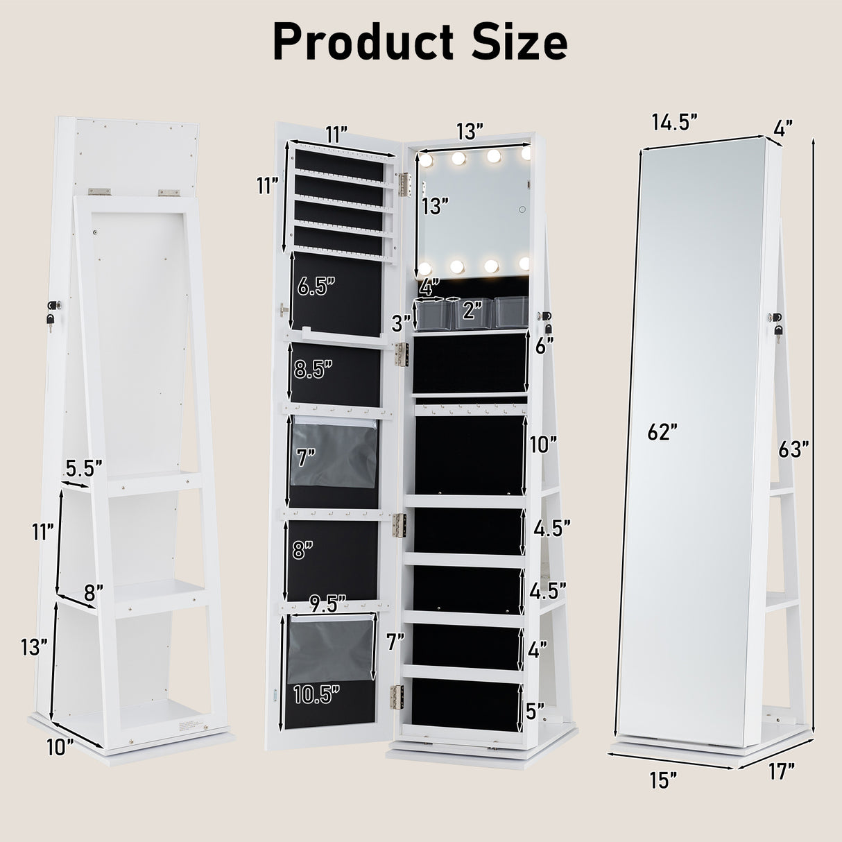 360° Swivel Jewelry Cabinet with Full Length Mirror-White