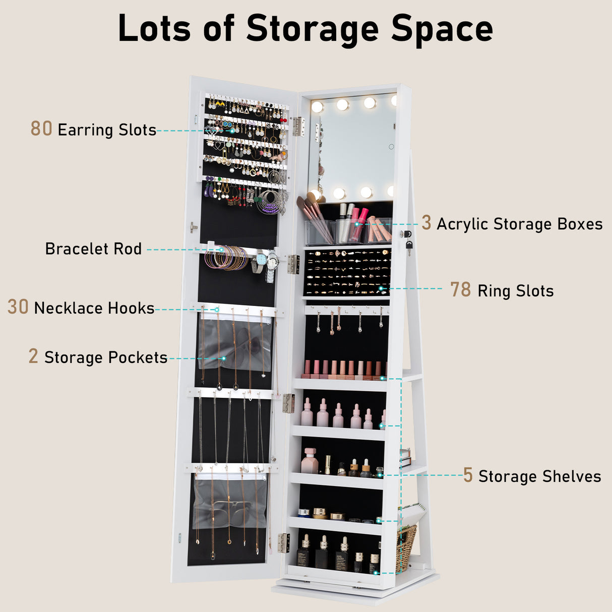 360° Swivel Jewelry Cabinet with Full Length Mirror-White