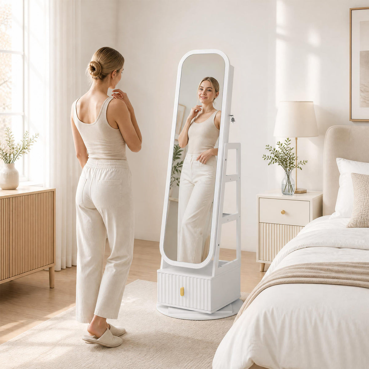 360Â° Swivel Jewelry Cabinet with Full-Length Mirror and Dual Hooks-White