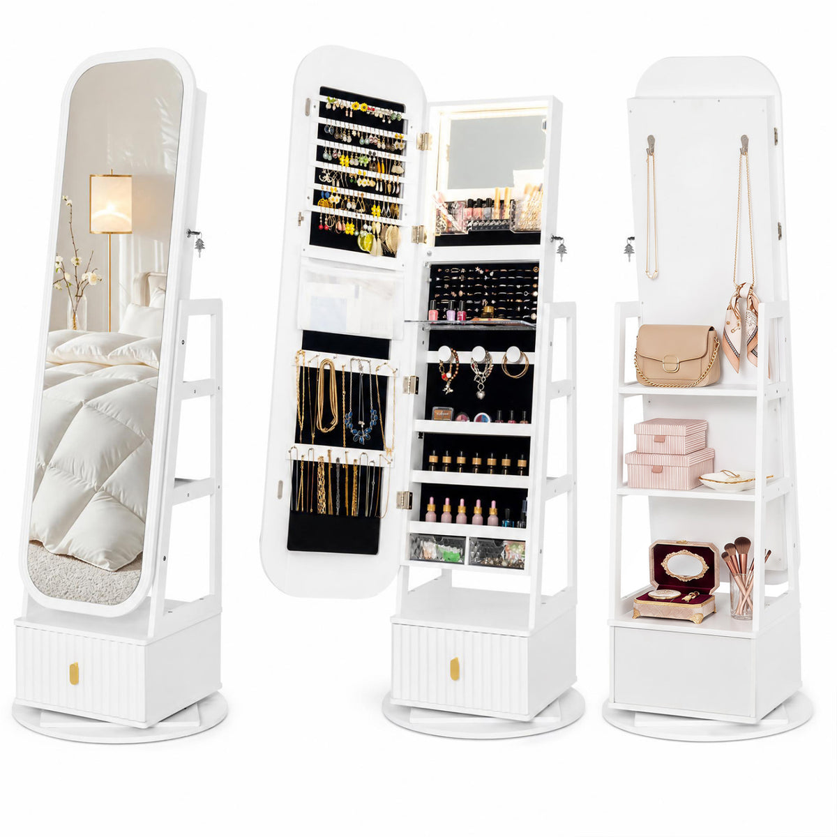 360Â° Swivel Jewelry Cabinet with Full-Length Mirror and Dual Hooks-White