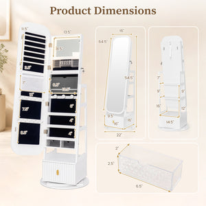 360Â° Swivel Jewelry Cabinet with Full-Length Mirror and Dual Hooks-White