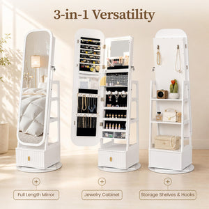 360Â° Swivel Jewelry Cabinet with Full-Length Mirror and Dual Hooks-White