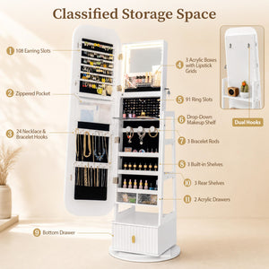 360Â° Swivel Jewelry Cabinet with Full-Length Mirror and Dual Hooks-White