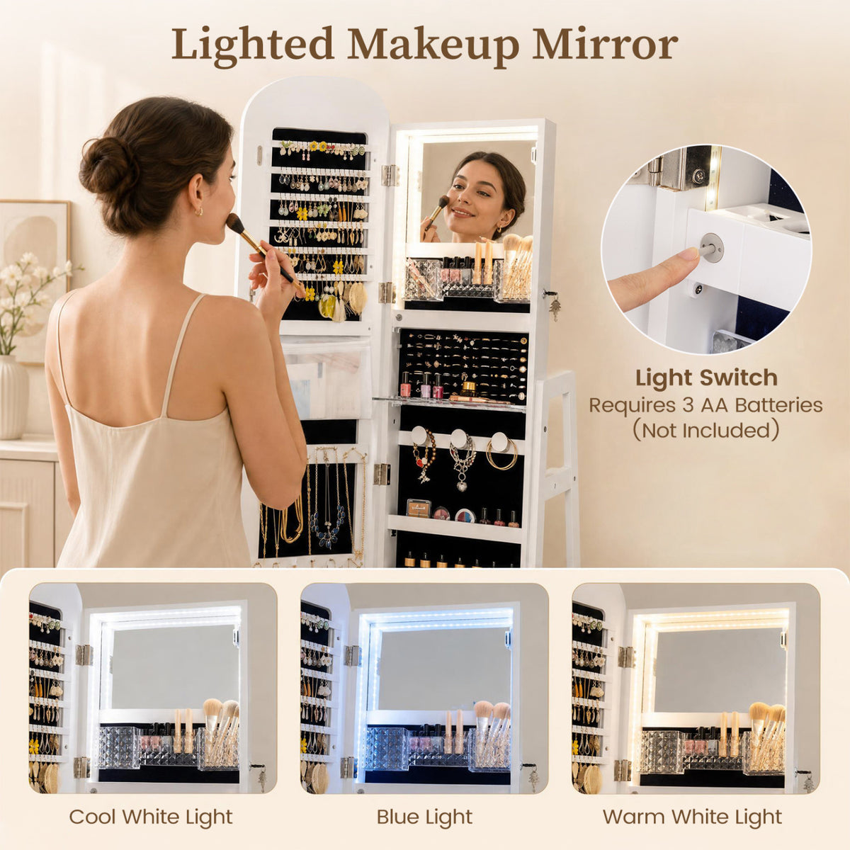 360Â° Swivel Jewelry Cabinet with Full-Length Mirror and Dual Hooks-White